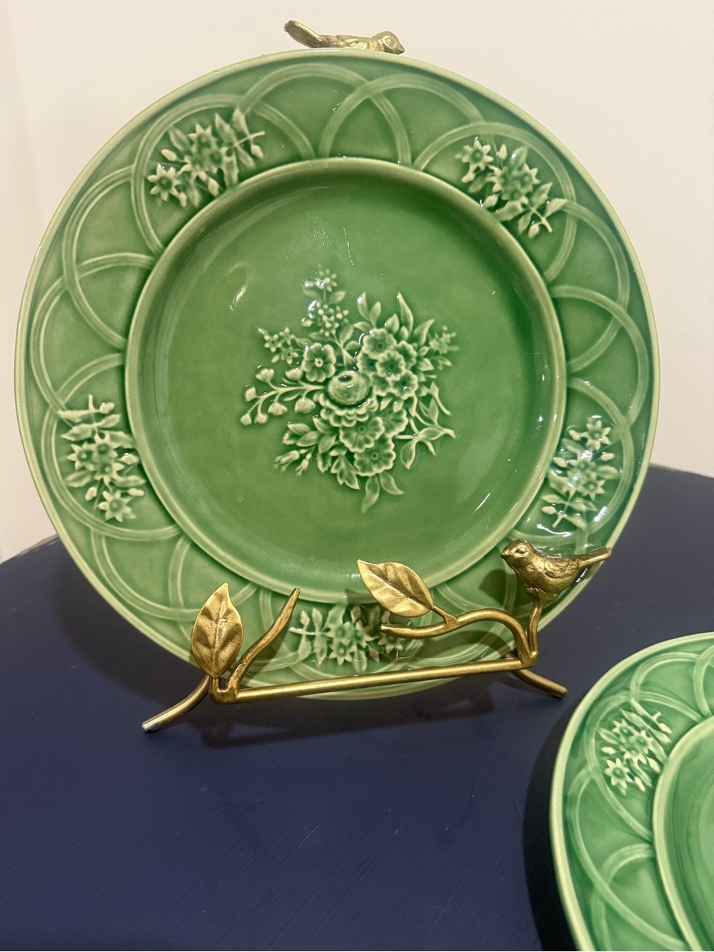 Bordallo Pinheiro Portugal Green Floral Majolica Dinner Plates 10” Set of 2